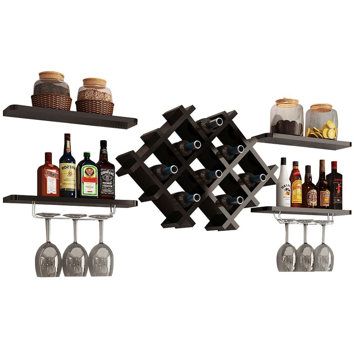 5 Piece Wall Mounted Wine Rack Set with Storage Shelves